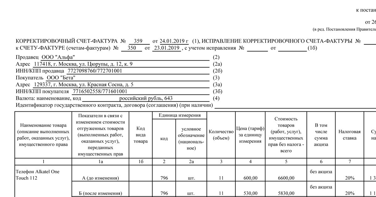 Образец корректировочная счет фактура при возврате товара от покупателя