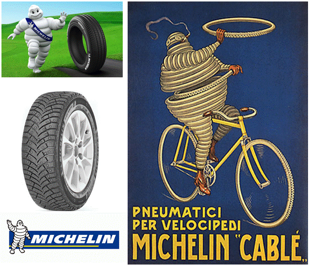 Шины Michelin (шипованные) и их знаменитый логотип Бибендум - вековой давности и современный.