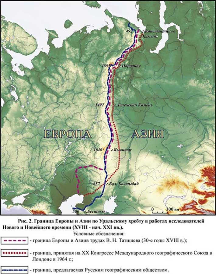 Большая часть границы между территориями обозначенными на схеме проходит по уральским горам