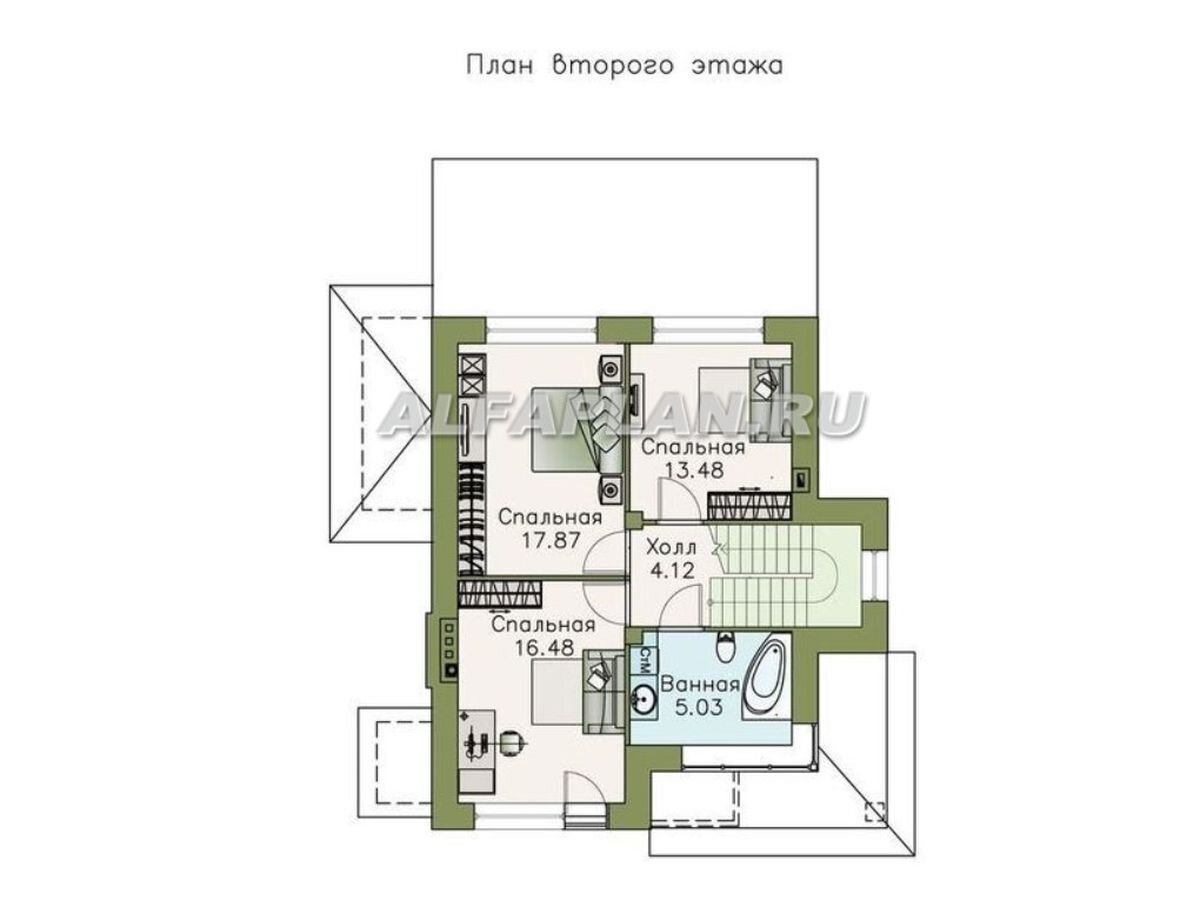 Планировка дома по проекту 496А "Прагматика" 

На 2 этаже -  приватная зона – 3 смежные спальни, вместе с общим санузлом сосредоточенные вокруг небольшого холла.