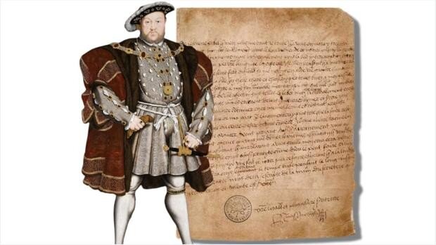 Портрет Генриха VIII (1540 г.) работы Ганса Гольбейна и одно из любовных писем Анне Болейн. Изображение из открытых источников.