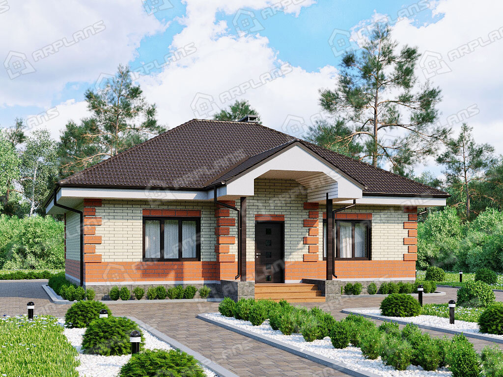 Фото 1 одноэтажного дома из газобетона с 3 спальнями и террасой. Общая площадь 108 кв м. Источник arplans.ru Проект К-253