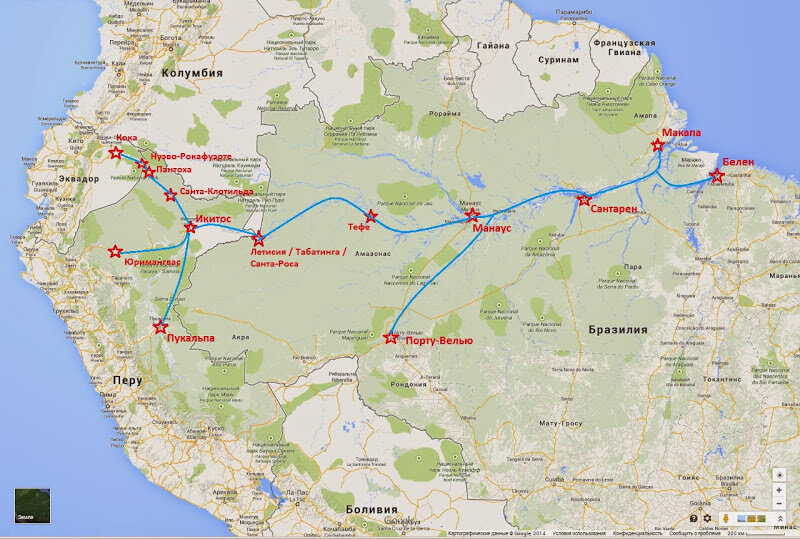 Карта регулярного пассажирского речного сообщения в бассейне Амазонки. Автор: Георгий Красников