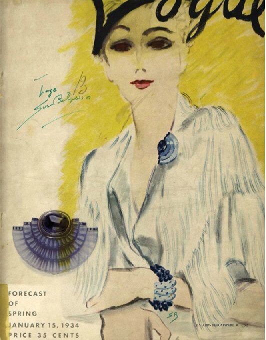 Обложка журнала Vogue, 1934. Изображена брошь Сюзанны Бельперон, выполненная Рене Бовином. Платина, лунный камень, голубой халцедон, лазурит, бриллианты