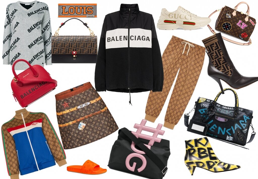 Свитер Balenciaga, повязка Louis Vuitton, куртка Balenciaga, кроссовки Gucci, сумка Louis Vuitton, сумка Balenciaga, сумка Fendi, юбка Louis Vuitton, брюки Gucci, сапоги Fendi, сумка Balenciaga, кофта Gucci, тапки Louis Vuitton, сумка Dolce & Gabbana, сапоги Burberry