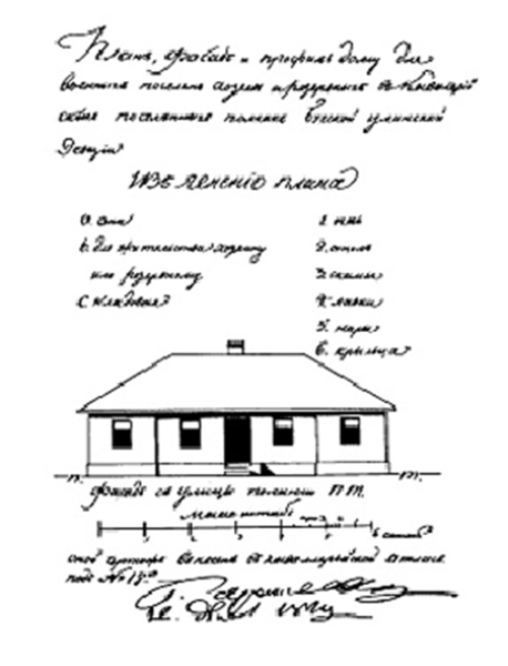 Чертеж дома в военном поселении с подписью графа А.А.Аракчеева