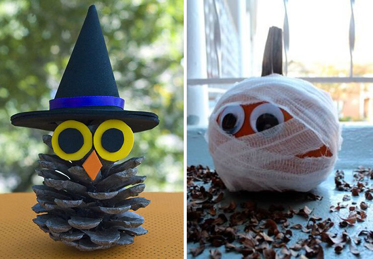 Конечно, Хэллоуин - в первую очередь праздник расчитанный на детвору. Чтобы занять ребёнка долгими осенними вечерами, предложите сделать ему какую-нибудь ведьму из шишки или тыкву-мумию. Вот воспитатели в детском саду обрадуются поделке! 