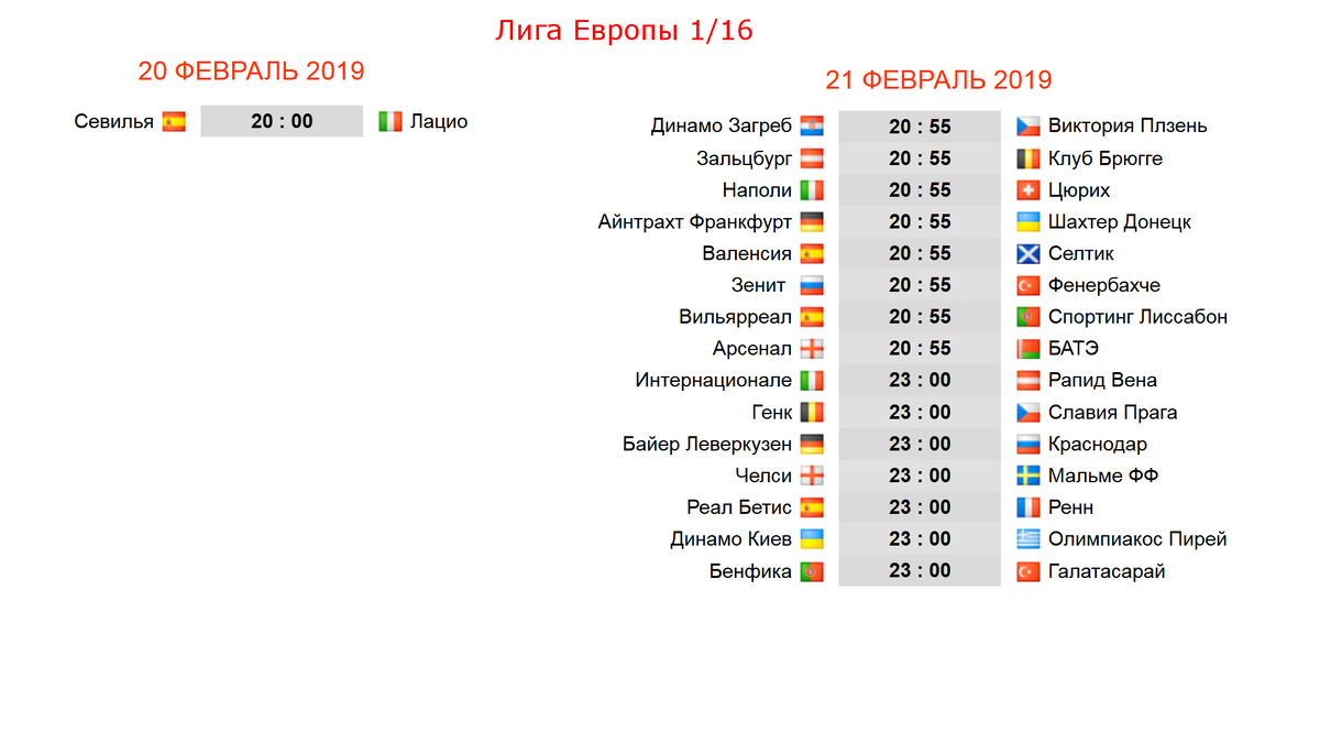 Футбол. Лига Европы 2019. 1/16 плей-офф. Все результаты. Расписание. |  Алекс Спортивный * Футбол | Дзен