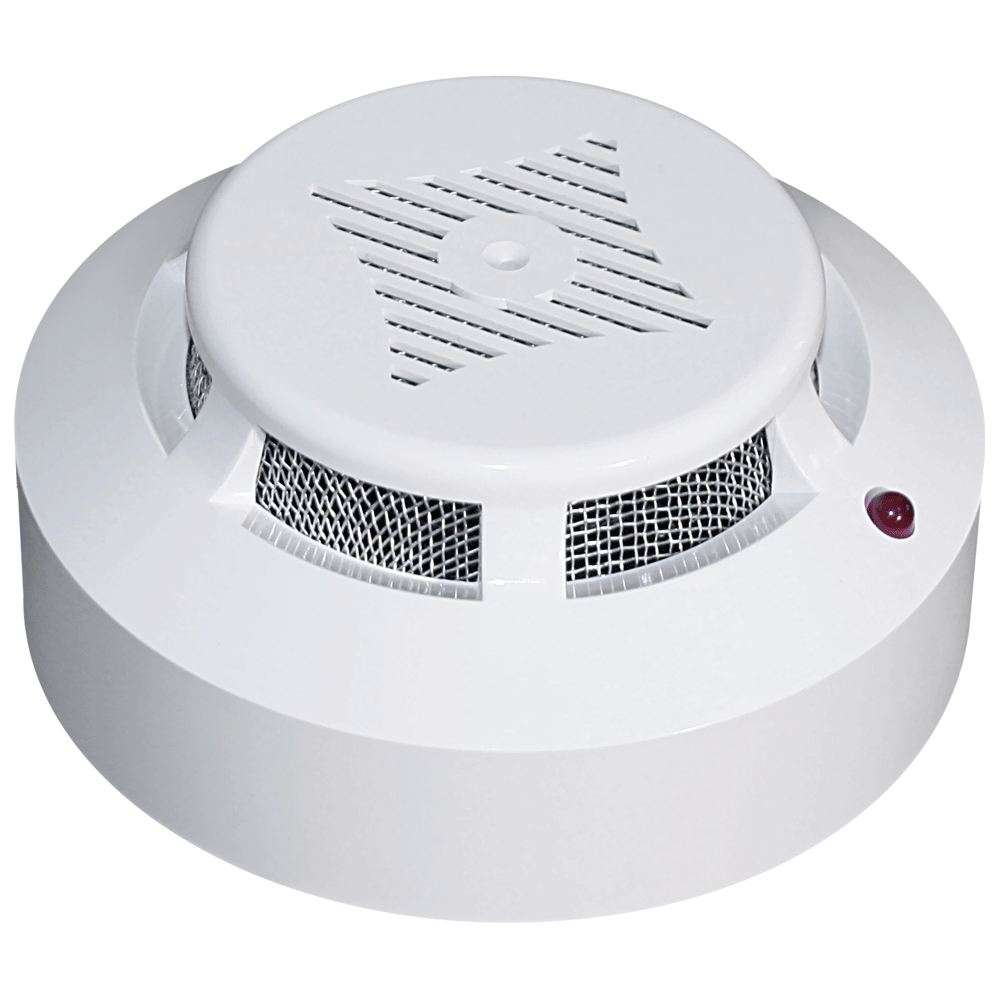 На фото представлен один из многих  Дымовой извещатель. 
Дым — главный признак того, что  “что-то не то”. Датчик измеряет концентрацию дыма в воздухе и “делает вывод” о наличии возгорания.
     Одни дымовые датчики используют излучение для определения огня по частичкам сгорающих веществ (Ионизационные). Другие – фотоэлемент, находящийся внутри устройства (Фотоэлектрические).
         Последние работают от электросети. Поэтому, если электричества дома не будет, датчик “промолчит” о возможном возгорании. Ионизационные работают от батареек, но чаще чем фотоэлектрические включают ложную тревогу.
         Поэтому специалисты советуют устанавливать фотоэлектрические в жилых комнатах, ионизационные в коридоре. Не стоит размещать их слишком близко к кухне, камину или ванной комнате — из-за дыма или пара могут дать ложную тревогу.
        Помните, датчики не должны располагаться в углах —  там слабая циркуляция воздуха! Можно закреплять на потолке и на стене (на 20-25 см ниже потолка).
Как правильно выбрать?

При выборе дымового датчика в первую очередь обращаем внимание на характеристики, а не на цену. Учитываем:
чувствительность (она должна равняться от 0,05 до 0,2 дБ/м)
скорость срабатывания (не более 9 сек)
время эксплуатации (не менее 10 лет)                  Тепловой извещатель
Реагирует на повышение температуры в помещении. Здесь опять встает выбор: поставить пассивный или активный тепловой датчик.
      Пассивный срабатывает, когда температура в помещении доходит до критической отметки ~ 70 С, т. е. когда что-то уже точно горит. Для активных важна скорость повышения температуры. То есть, открытого огня еще может не быть, но датчик сработает т.к t°С растет с “недопустимой” скоростью.
     Ставят такие извещатели на кухню или ванную, т.е. туда, где дымовые датчики выдавали бы ложные сигналы.
не всегда мгновенно реагирует на пламя
срабатывает только при достижении 64-76 град.

                 Автономный извещатель

Это "3 в 1". В одной коробке датчик дыма, сирена и аккумулятор. Извещатель реагирует на частицы дыма и сразу подает сигнал тревоги.

Автономным называется потому, что внутри есть независимый источник питания — батарейка. Поменяли её раз в год, и забыли.

Внутри еще датчик дыма и сирена. После того как датчик сработал, сирена начинает "кричать" до тех пор, пока не закончится батарейка или не вмешиваетесь вы.
Если остановили выбор на автономном датчике, то при покупке придерживаемся следующих характеристик:

питания должно хватать как минимум на 1 год

при обнаружении возгорания сирена должна “кричать” не менее 4 мин., с уровнем сигнала от 85 дБ

рабочий температурный диапазон от -10 до + 50° С

срок службы более 10 лет

Оповещатели (сигнализация)

Если 100 лет назад в доме случался пожар, человек выбегал на улицу и кричал: “ПОЖАР”. Все, кто услышит этот зов, обязаны были прийти на помощь.

Сейчас так “кричат” специальные звуковые, световые, светозвуковые приборы. Проще —  "сирены", "ревуны", "мигалки" и "моргалки".

Световые оповещатели подают сигнал тревоги световыми импульсами. Звуковые — звонки, сирены, гудки и прочие приборы, генерирующие звуковые волны. Светозвуковые — комбинация звуковых и световых волн.
Здесь есть одна логичная деталь —  такие оповещатели должен кто-то услышать или увидеть, иначе толку от них ноль. А что делать, если распознать эти сигналы некому?
На этот случай созданы “дозваниватели”. Когда срабатывает сигнализация, “дозваниватель” отправляет SMS на любой указанный сотовый телефон ( ваш, родственников, друзей).
Системы тушения пожара
Сработал оповещатель и извещатель, пожар разрастается. Что делать? — Тушить!
Вроде элементарно. Но если не знать чем, как и в каком порядке тушить, последствия этой стадии могут стать трагичными…
Вот об этом я напишу в следующей статье, чем?, как? тушить. Подписывайтесь на мой канал, ставьте пальчик вверх.


 

 

