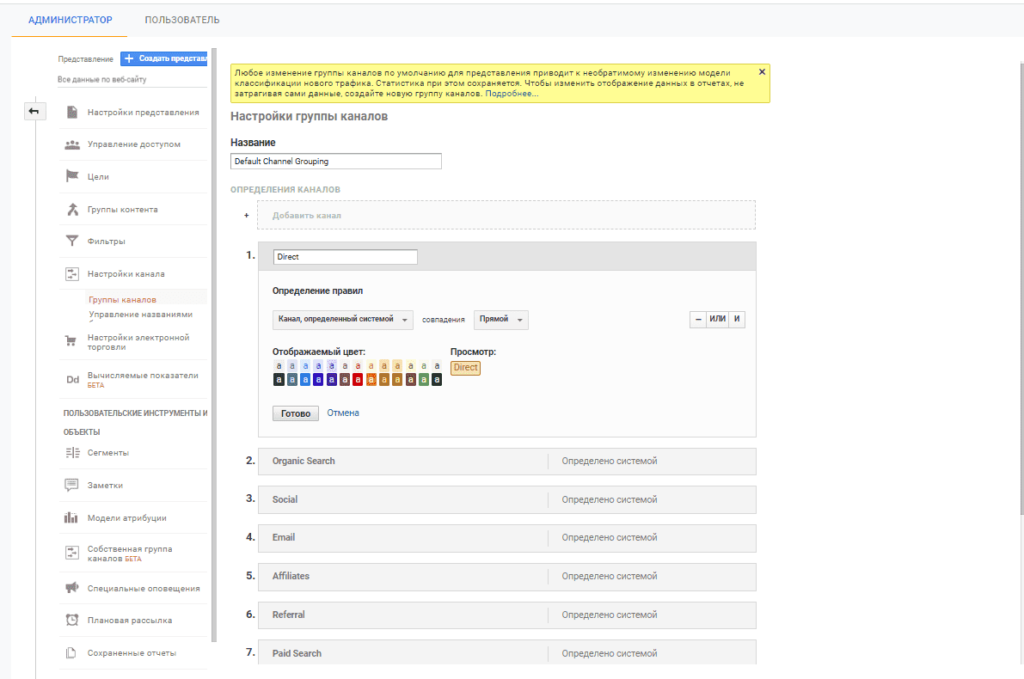 Настройки группы каналов. Канал по умолчанию \. Отчет по каналам трафика. В ga что такое представление. Настройка групп пользователей