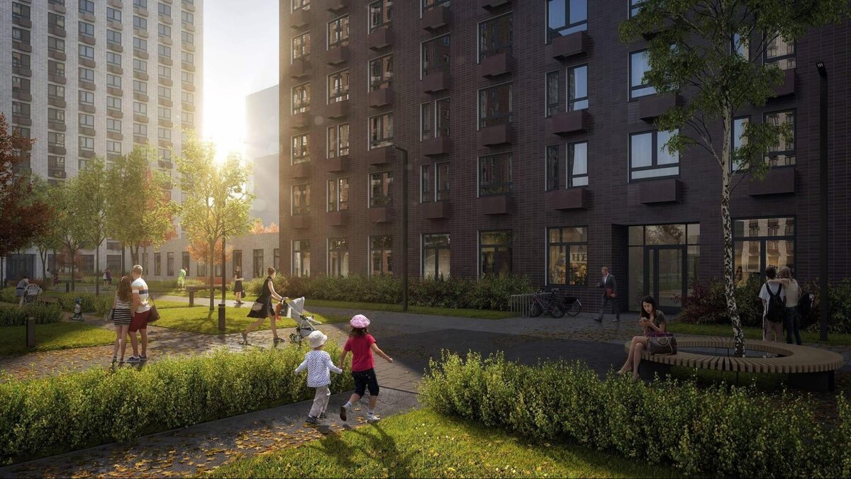 Так будет выглядеть один из дворов нового квартала. Общественные пространства в проектах ПИК продуманы так, чтобы взрослые могли отдохнуть на улице вдали от детского шума, но при этом игровые площадки просматриваются из окон