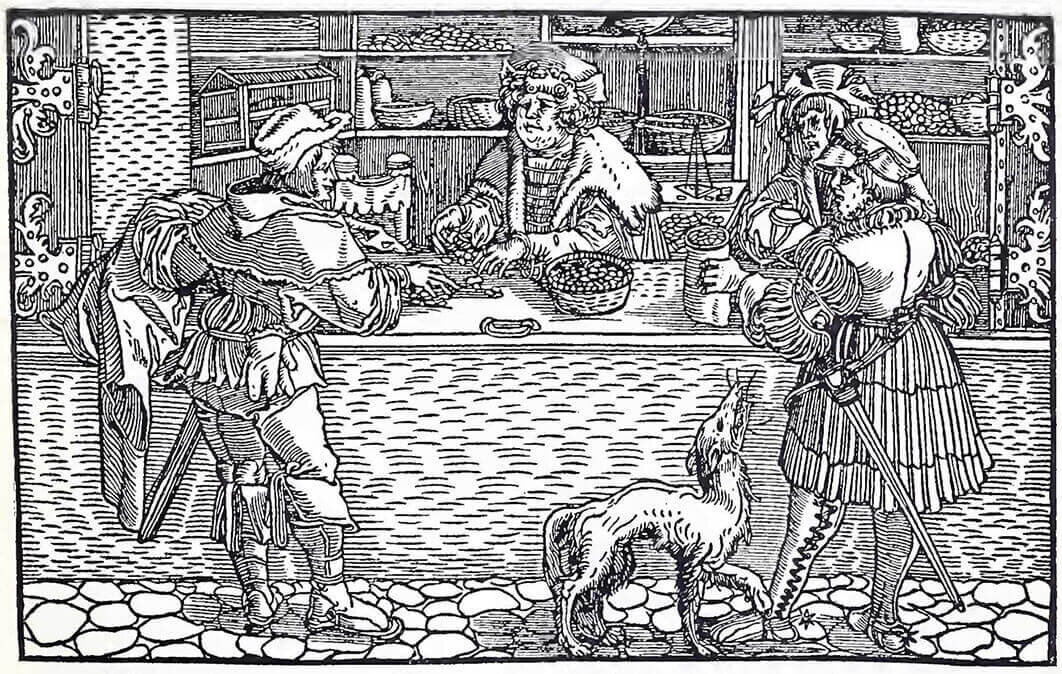 Так выглядела меняльная лавка в средневековом городе. Средневековая гравюра. За прилавком стоит банкир-меняла, который принимает  деньги, пересчитывает их по обменному курсу и выдаёт наличность. С другой стороны прилавка стоят купцы, которые принесли выручку для обмена. Принесли в каких-то корзинах и горшках )))