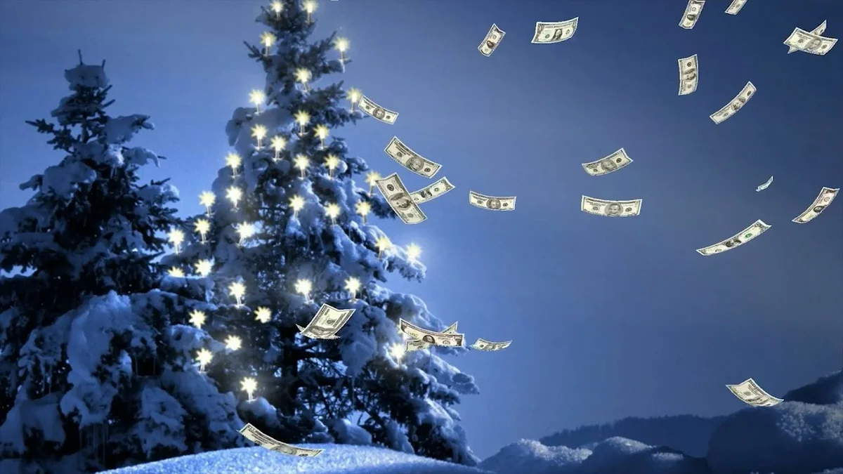 Снежное богатство. Новогодняя елка с деньгами. Новогодняя денежная елка. Деньги зима. Новогодние финансы.