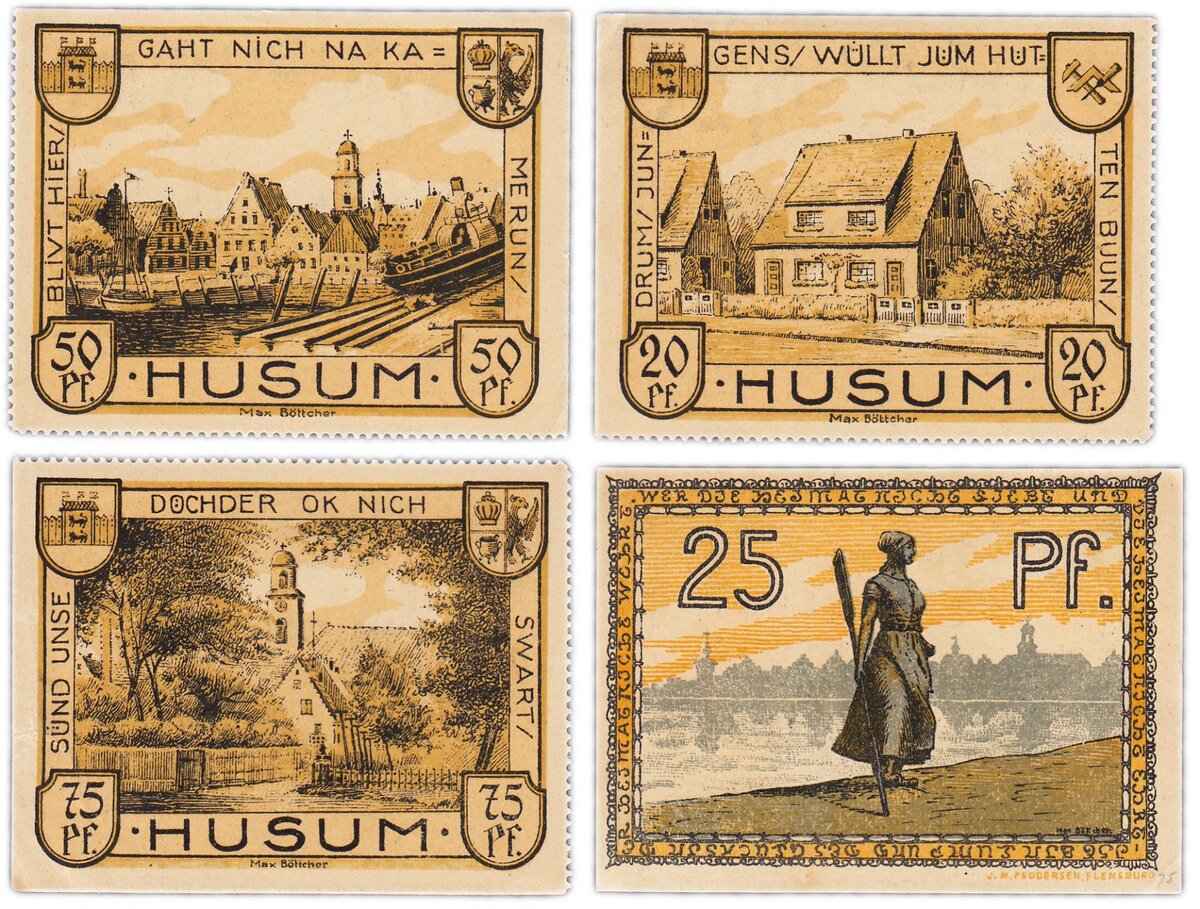 Нотгельды 1921 год. 20, 25, 50, 75 пфеннигов. Германия (Шлезвиг-Гольштейн: Хузум). Фото из открытых источников.