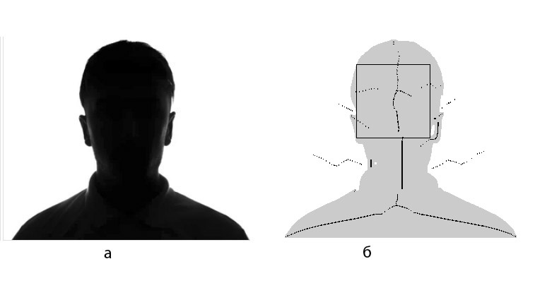 Рис.  Восприятие системой объекта-тела. а — входное изображение; 
б — МРП-представление объекта и ассоциированного фона
(демонстрируется и максимальный МРП-элемент объекта — квадрат) 
