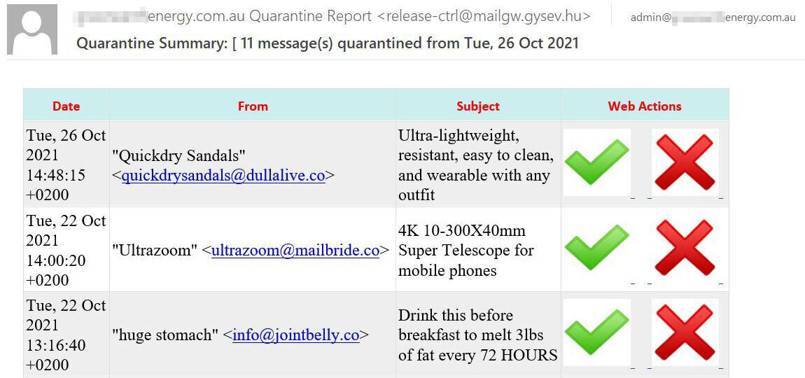 Письмо, имитирующее нотификацию о почтовом карантине.