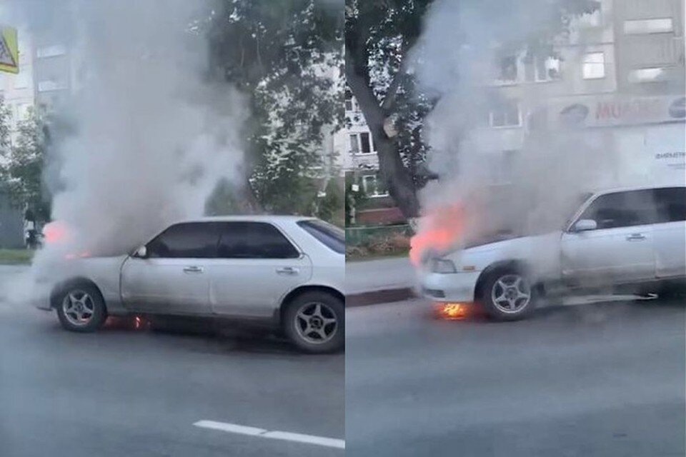     В Новосибирске на улице Дуси Ковальчук загорелась припаркованная у дороги иномарка. Фото: Кадр из видео\"АСТ-54"