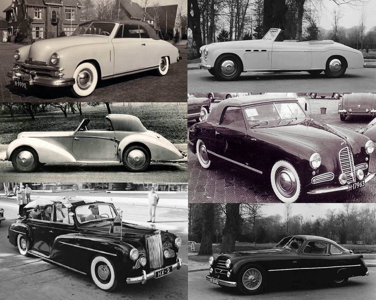 Кастомные кузова голландской работы на шасси 1949 Kaiser, 1951 Alfa Romeo 6C, 1948 Delahaye, 1950 Škoda, 1952 Royal Austin и 1951 Talbot-Lago. Фото: Curbside Classic.