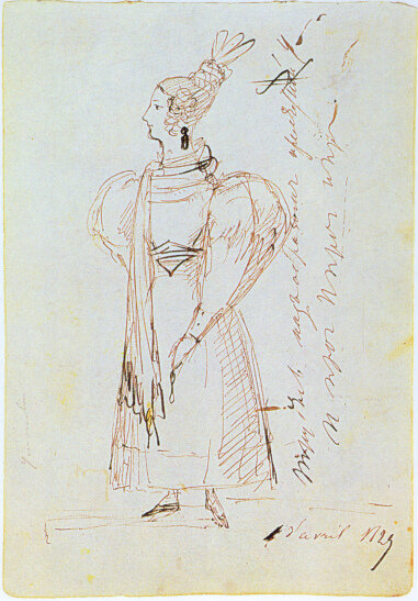 Портрет Екатерины Ушаковой в рост. Лицо – рисунок Пушкина. Фигура – дорисована, видимо, Елизаветой (или Екатериной) Ушаковой. Подпись рукой Пушкина: «Трудясь над образом прелестной У – – И проч И проч и пр…».