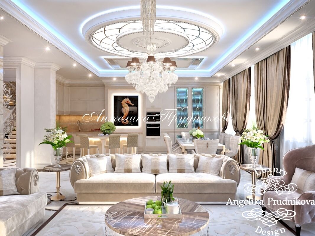 На фото: Дизайн кухни-столовой-гостиной в частном доме в КП «Миллениум Парк»