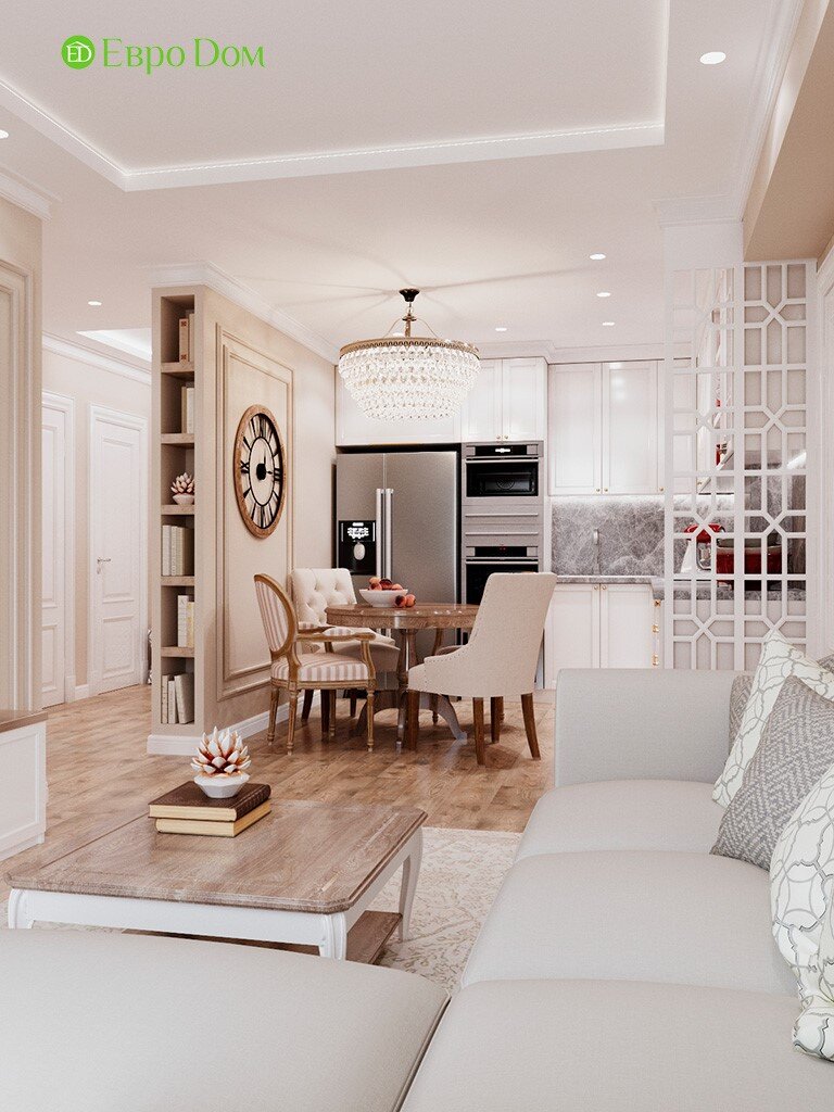  На фото: Вид на кухню из гостиной 3-комнатной квартиры в ЖК «Лефортово 