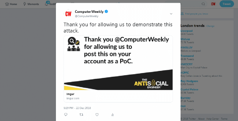 Де Вер даже визуально продемонстрировал «работу» бага на примере официального профиля в сети самого издания, которому давал интервью. Ясное дело, что сделал это он при согласии журналистов. Буквально за пару минут Ричард запостил PoC-пост от имени самого Интернет-ресурса. Этот пост можно посмотреть на изображении ниже.