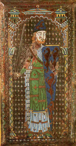 Изображение надгробной плиты графа Жоффруа V Плантагенета (ум. в 1151 г.) — один из примеров ранних европейских гербов.