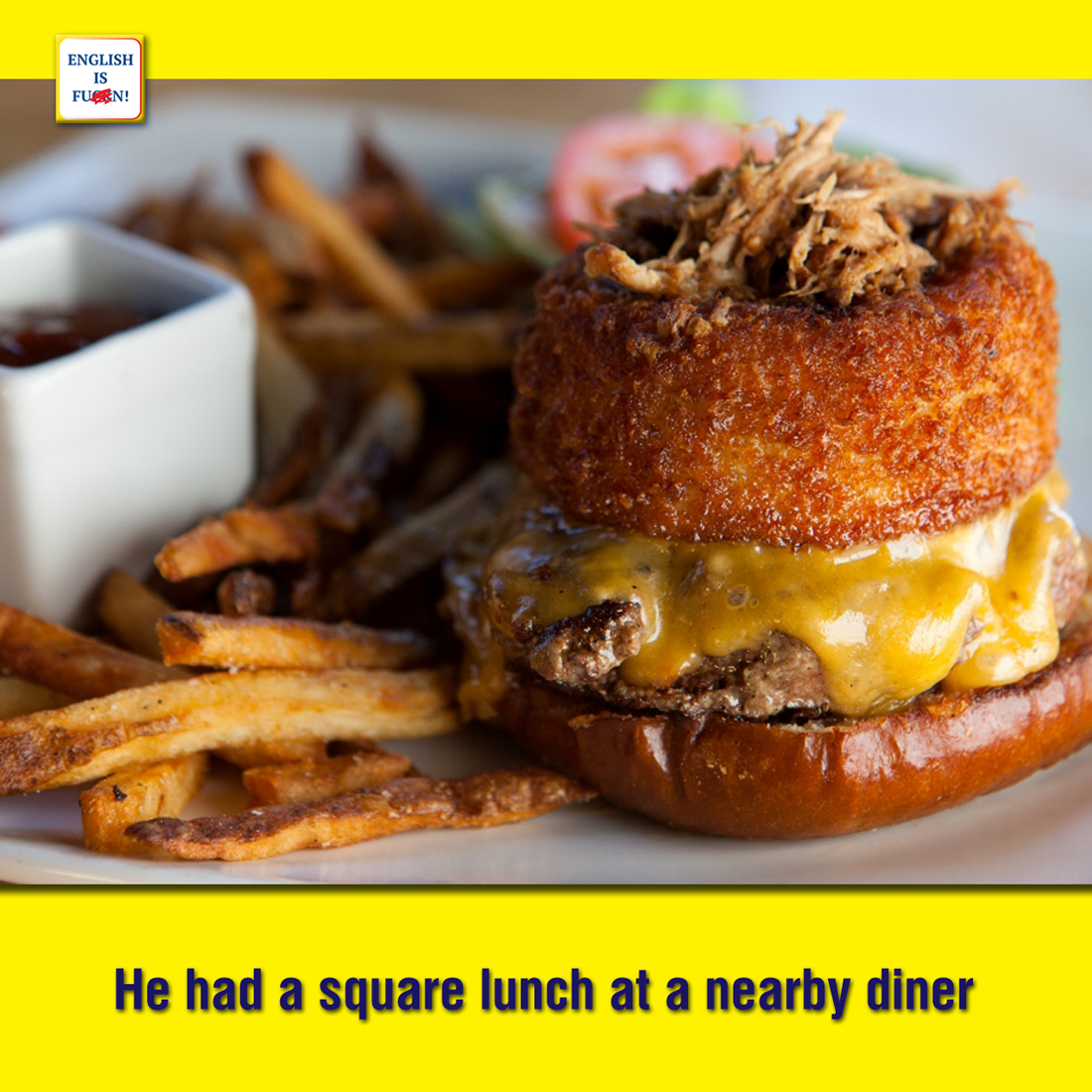 Он съел обильный [сытный] обед в закусочной неподалёку.