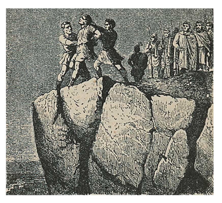 Сброшу со скалы. Катина русские войны в белом на скале. Иллюстрация как гуси Рим спасли. Сбросить со скалы.