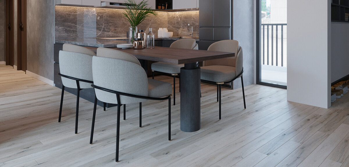 На фото - SPC плитка Stone Floor с дизайном под дерево - арт. Дуб Зимний Лес