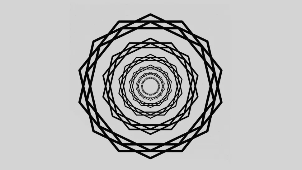 Новая иллюзия «мерцающего звездообразования», яркие лучи исходят из центра рисунка через концентрические венки из многоугольников звезд. (Изображение предоставлено Михаилом Карловичем, Recursia Studios)