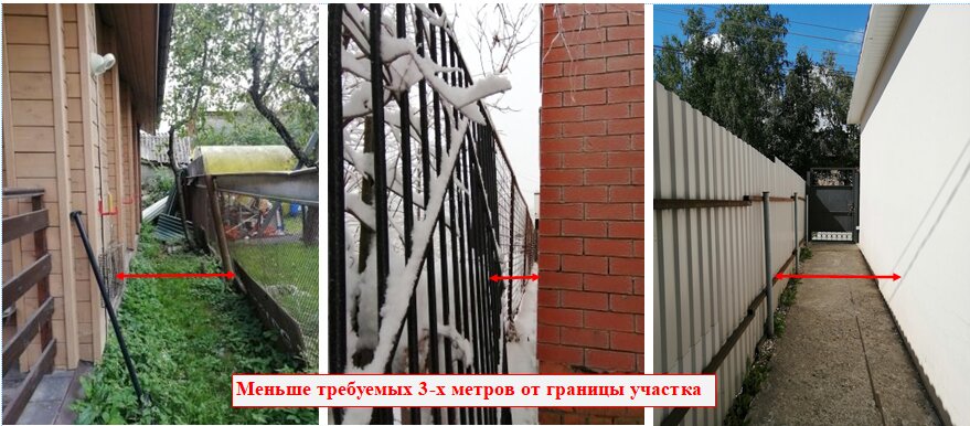 Фото реальных зданий, построенных с нарушением градостроительной нормы о минимальном отступе 3-х метров от границы участка.