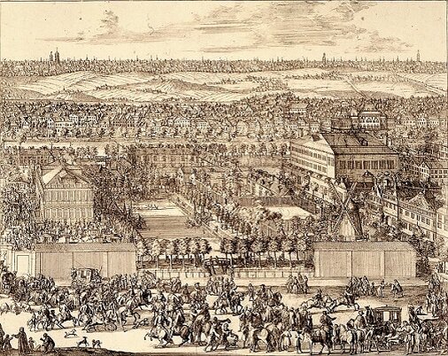 Это немецкая слобода в Москве, 1705-й год. Автор - Адриан Схонебек, голландский художник и гравер, приглашенный работать в Россию. Как вы можете видеть, как минимум, с культурной программой для иностранцев в Москве все было очень неплохо.