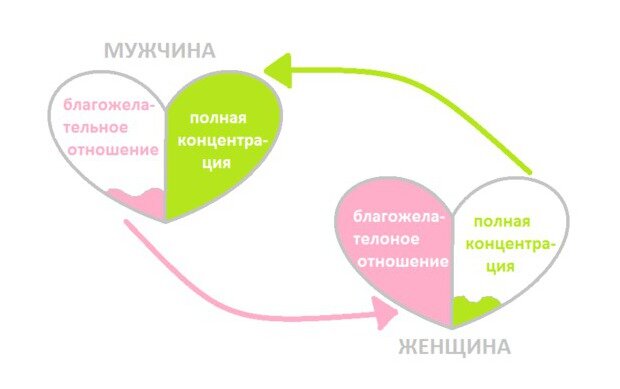 На схеме наглядно показано, что отдаёт каждый из партнёров (стрелками) и то, чего ему не хватает для полного ощущения любви. 