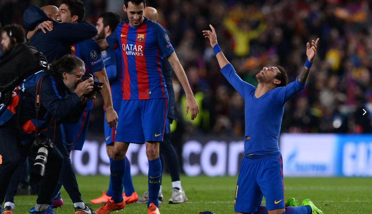 Неймар празднует 6 гол в ворота ПСЖ,источник фото yandex.ru