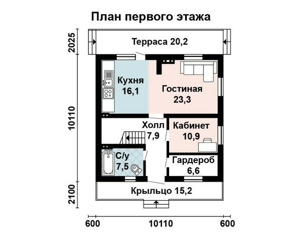 План первого этажа. Источник изображения: канал Яндекс Дзен "Проекты коттеджей "Добрый дом".