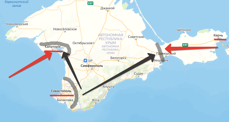 Отвлечение внимания от Севастополя ударами на Евпаторию и Керчь. Создано на основе Яндекс-Карт