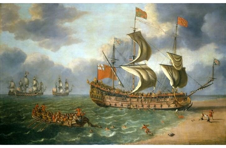 Источник: Йохан Данкертс, 1682 г., Королевские музеи Гринвича, BHC3369/ Wikimedia Commons) Крушение «Глостера» у Ярмута, 6 мая 1682 г.