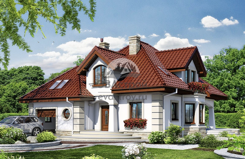 Проект дома 13 на 13 с мансардой, гаражом, балконом и террасой - 103-63