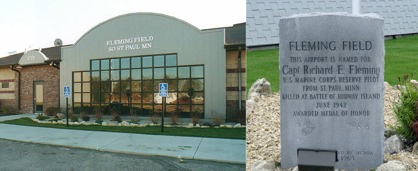 Главный вход аэропорта «Флеминг -филд» в Сент-Поле и мемориальный камень, рассказывающий в честь кого он назван. Наши дни.