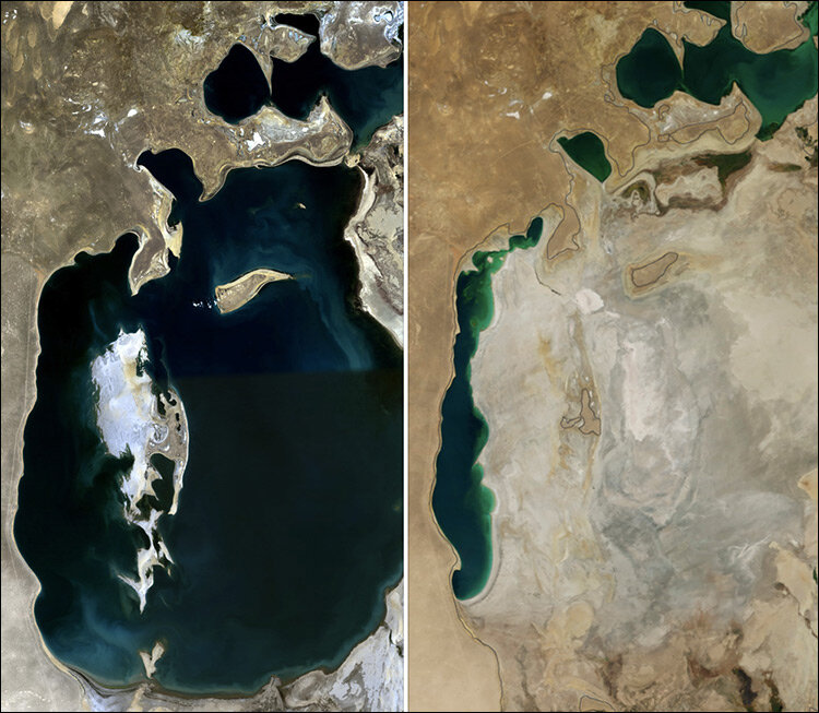 Аральское море на спутниковых снимках 1989 и 2014 года. Фотографии NASA
