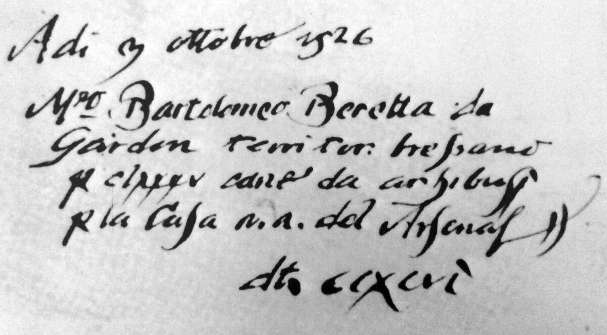 Счет в 296 дукатов за 185 стволов для аркебуз от Венецианской республики синьору Бартоломео Беретта
