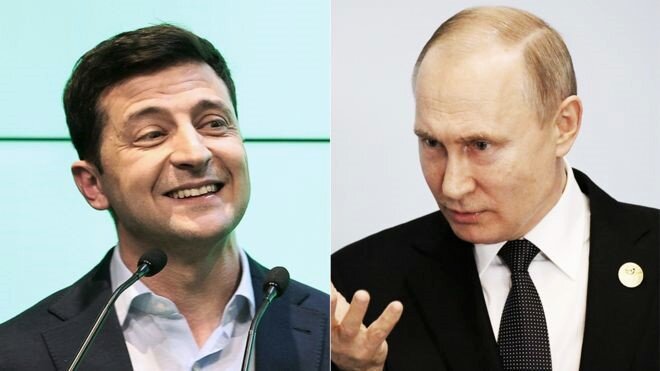 Лидеры России и Украины Владимир Путин и Владимир Зеленский