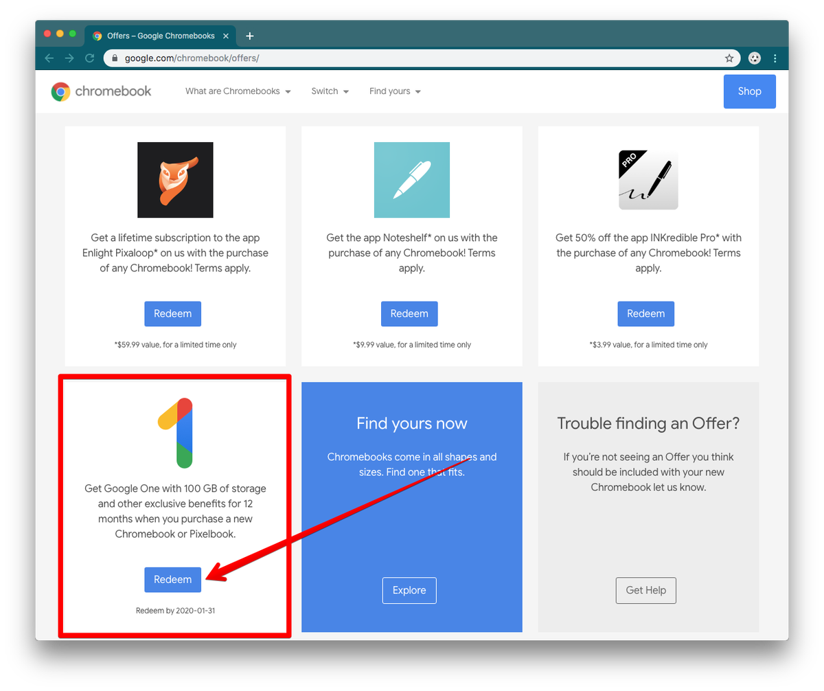 Страница с предложениями и скидками для владельцев Chromebook 