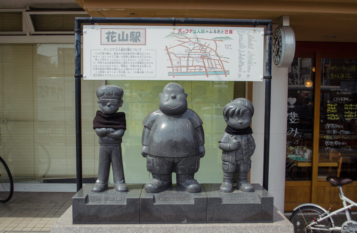 Герои детского аниме и карта с расположением их фигурок в городе.