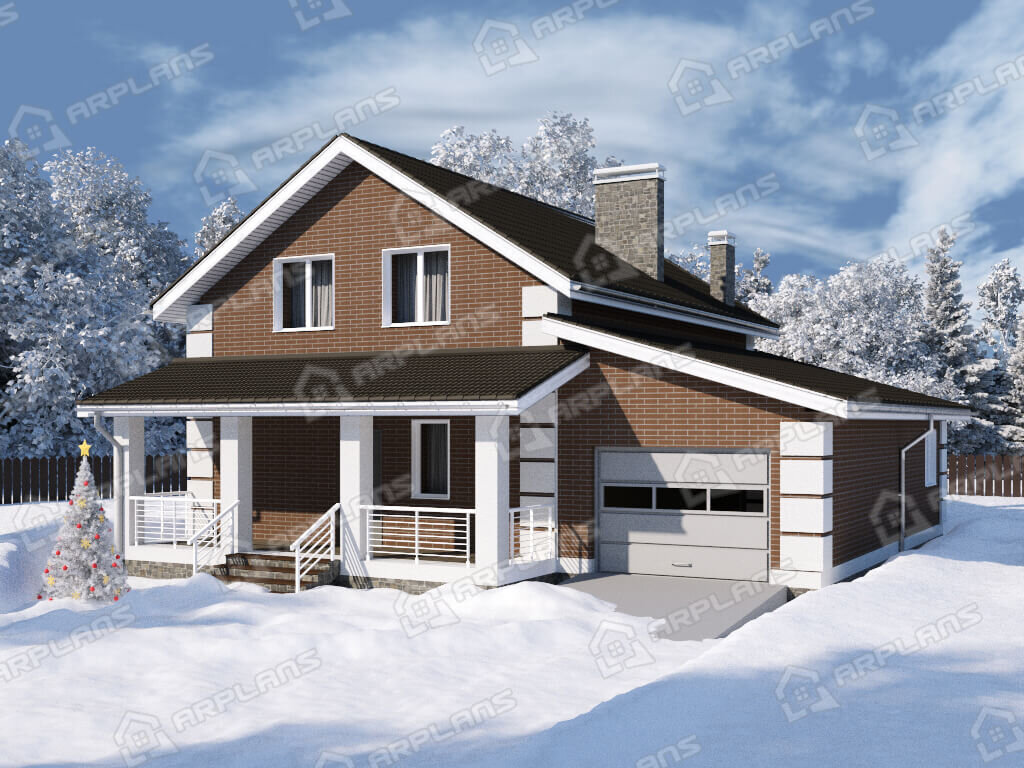 Фото 1 двухэтажного дома из блоков с мансардой, 4 спальнями, гостевой,  газовой котельной, террасой и гаражом. Полезная площадь 160 кв м. Источник arplans.ru Проект К-277