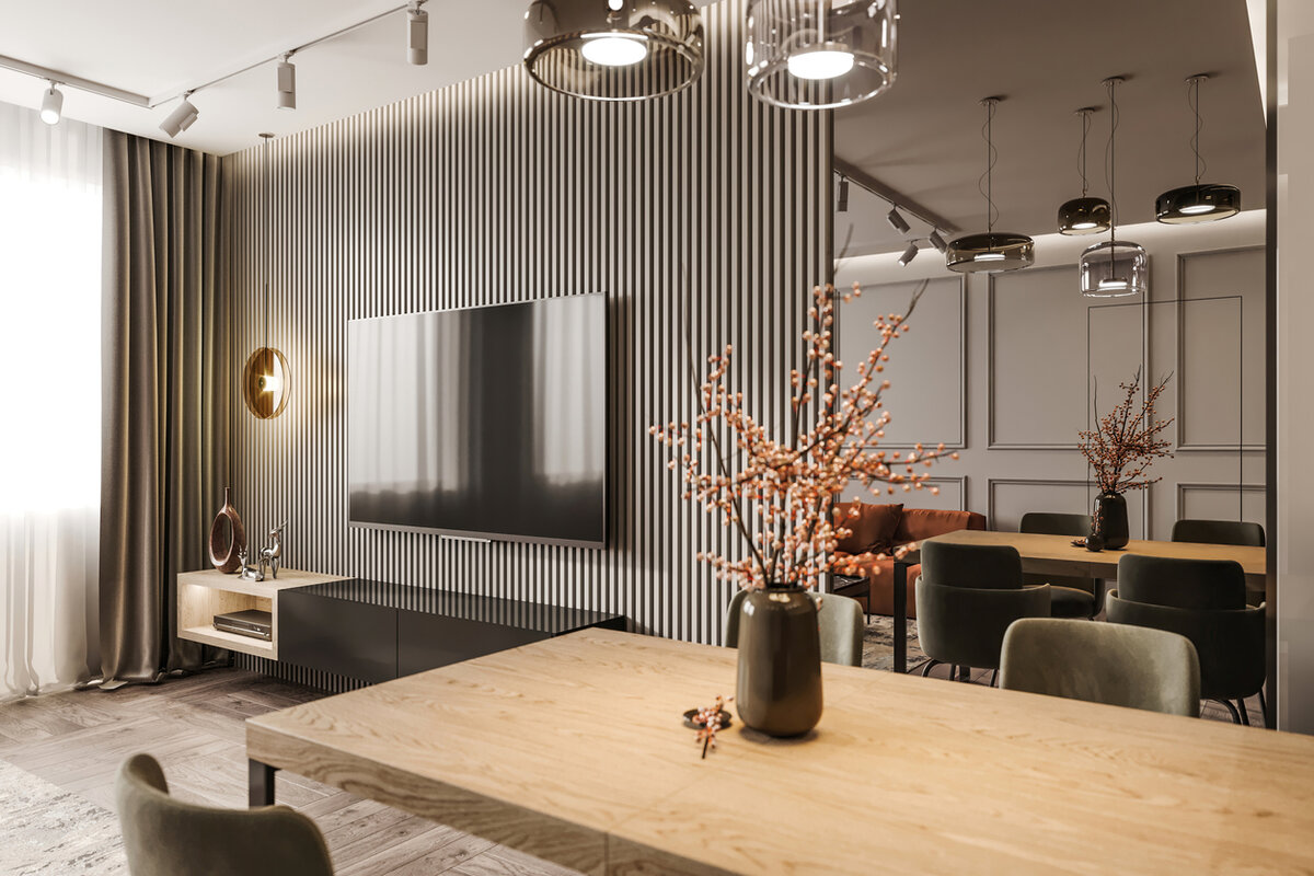 Визуальное увеличение высоты потолков с помощью штор и отделки стен