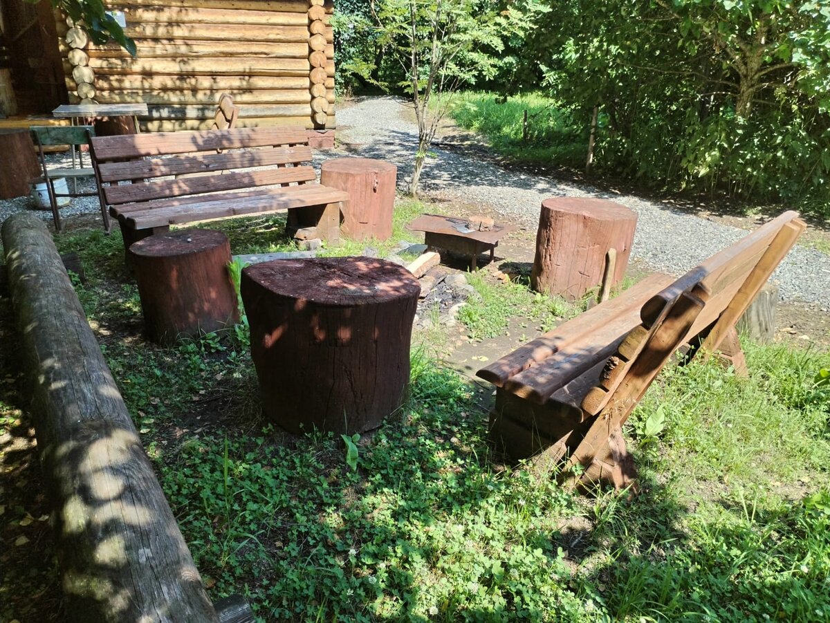 Костёр, мангал и лавочки с пеньками только для вас.