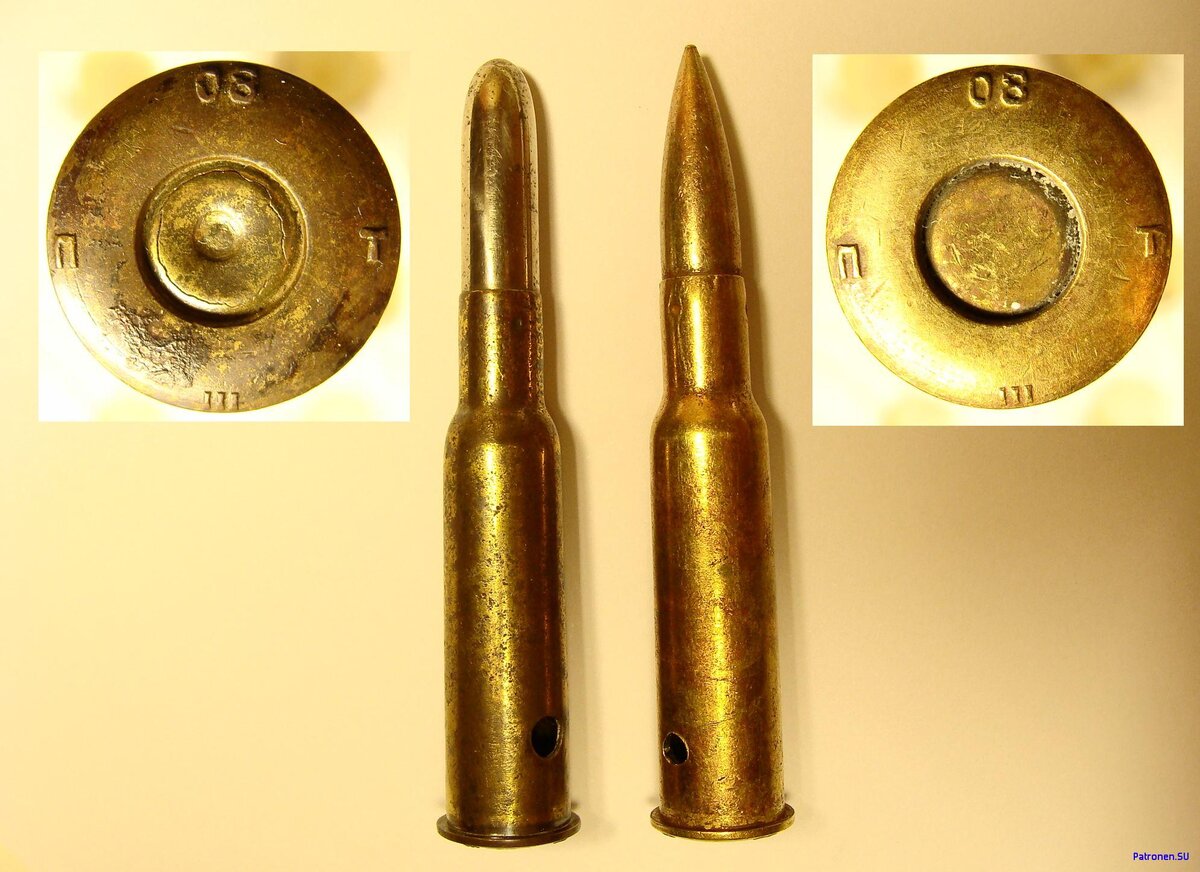 Патрон образца 1891 года (слева) и патрон образца 1908 года (справа)