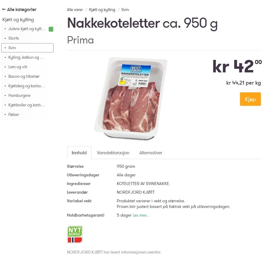 Скриншот страницы магазина https://kolonial.no/produkter/3886-best-pris-nakkekoteletter/